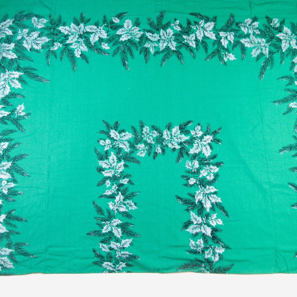 Vintage 1960's 1970's Christmas Tablecloth Green Cotton Fabric Rectangular Large